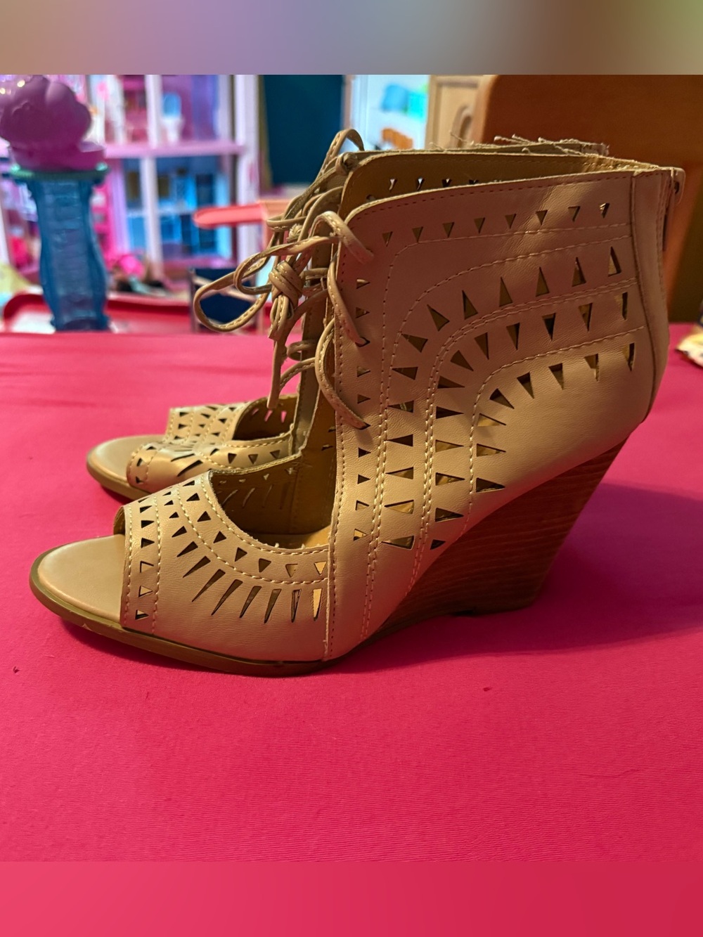 Vici Tan Laser-Cut Lace-Up Wedge Sandals